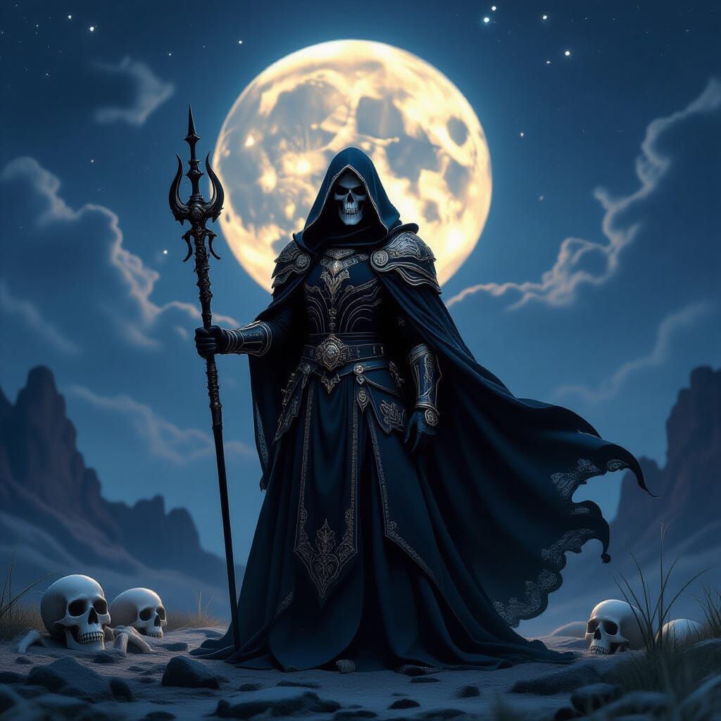 Dark Cleric in Moonlit Skeleton Camp, Photorealistic Fantasy...