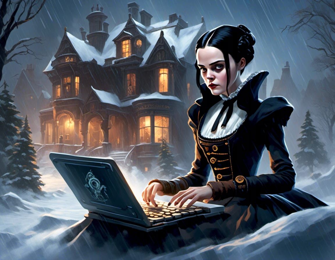 Wednesday Addams Using Steampunk Laptop in Blizzard
