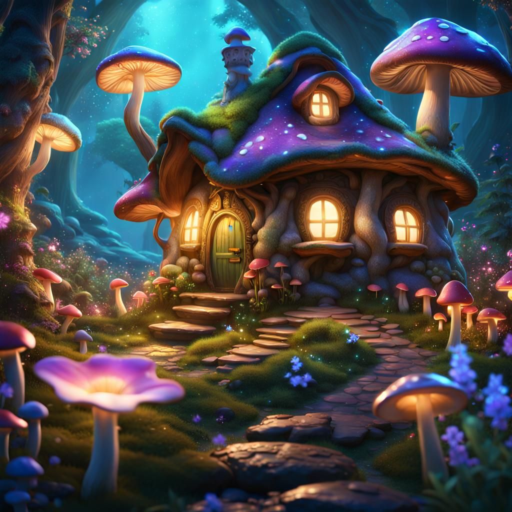 Enchanted Bioluminescent Fairy Mushroom Cottage
