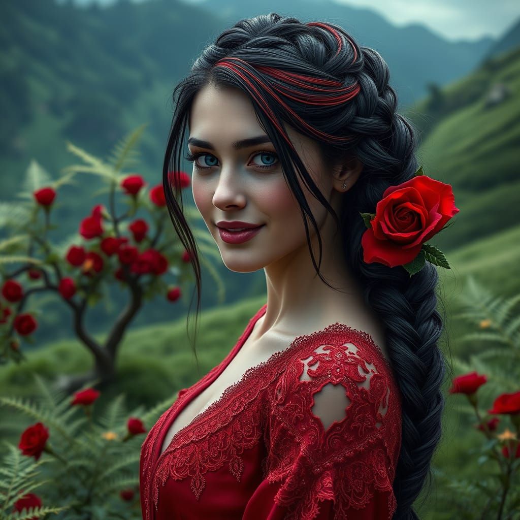 a majestic hyperrealistic enchanting woman with black  hair ...