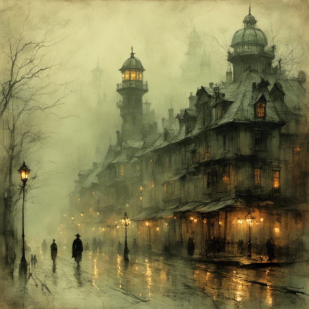 Eerie Gaslit Street in Thick Fog, Impressionist Style