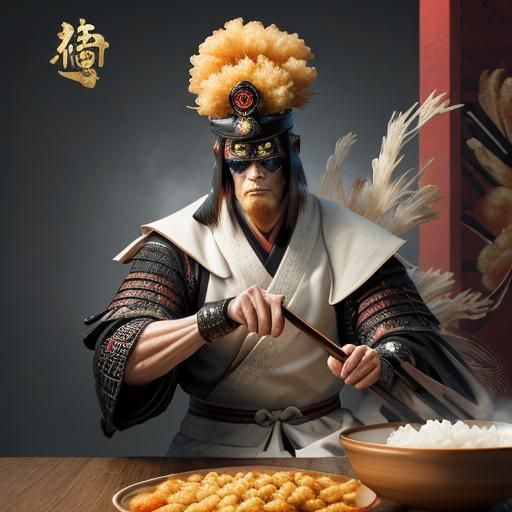 Japanese Samurai eye-balling a ginger sauce sparingly drizzl...