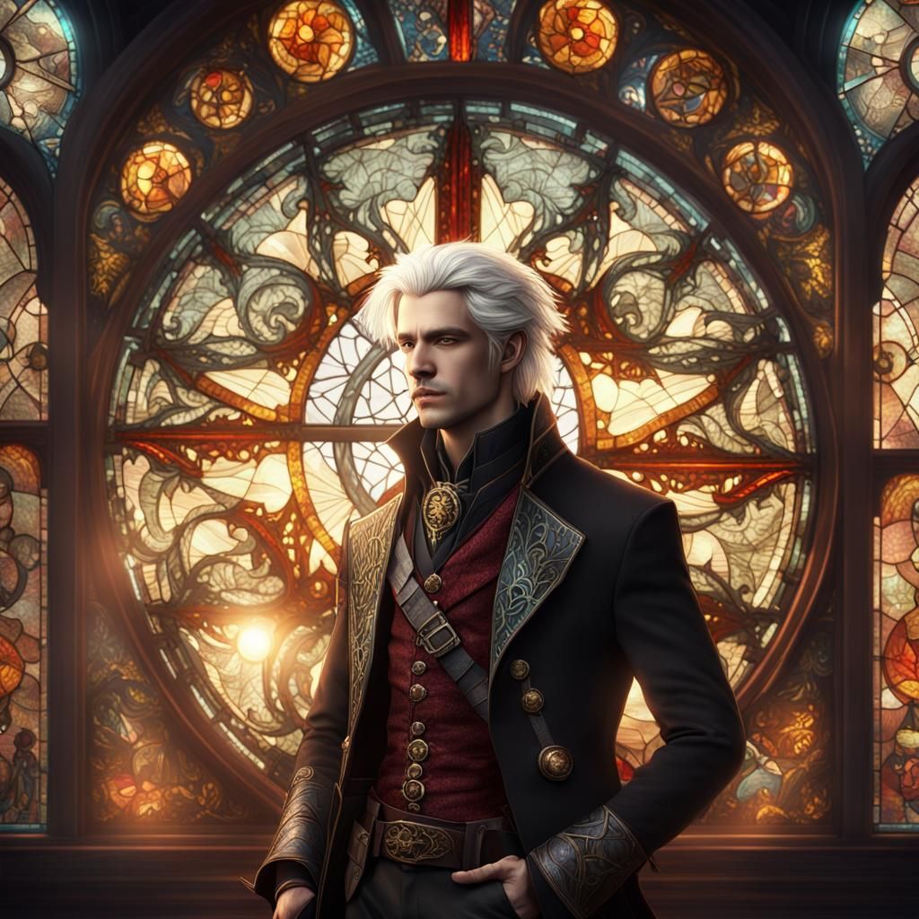 Steampunk Vampire Bard with Stained Glass Window