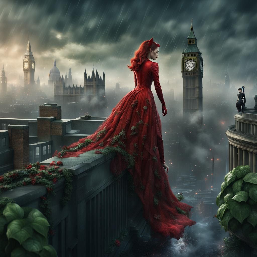 Poison Ivy Catwoman on London Rooftop in Rain