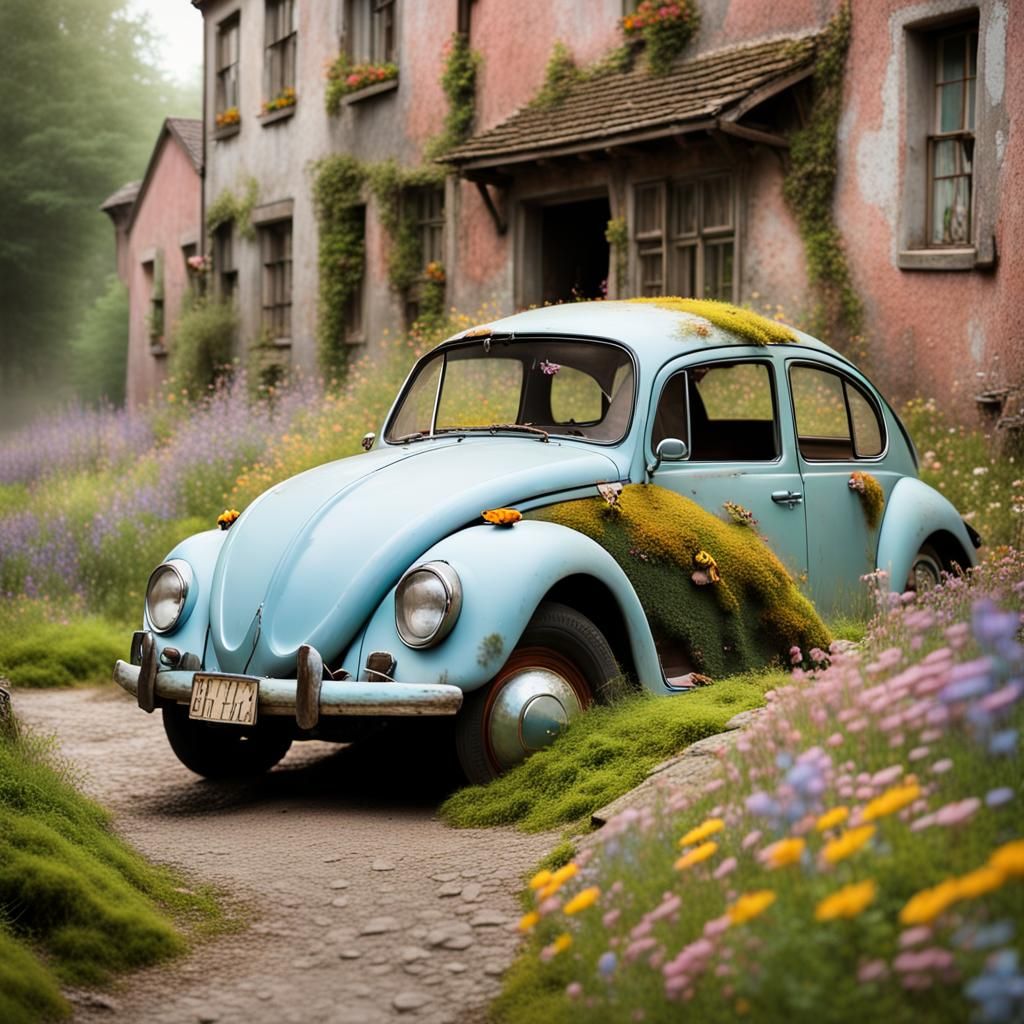 Whimsical Volkswagen Beetle Filled with Wildflowers