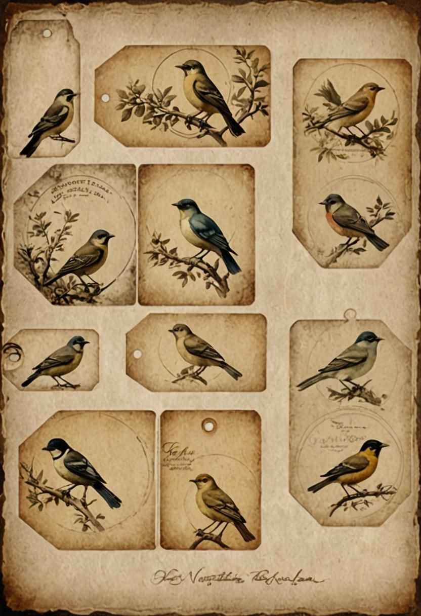 Vintage Bird Tag Collection in Matte Painting Style