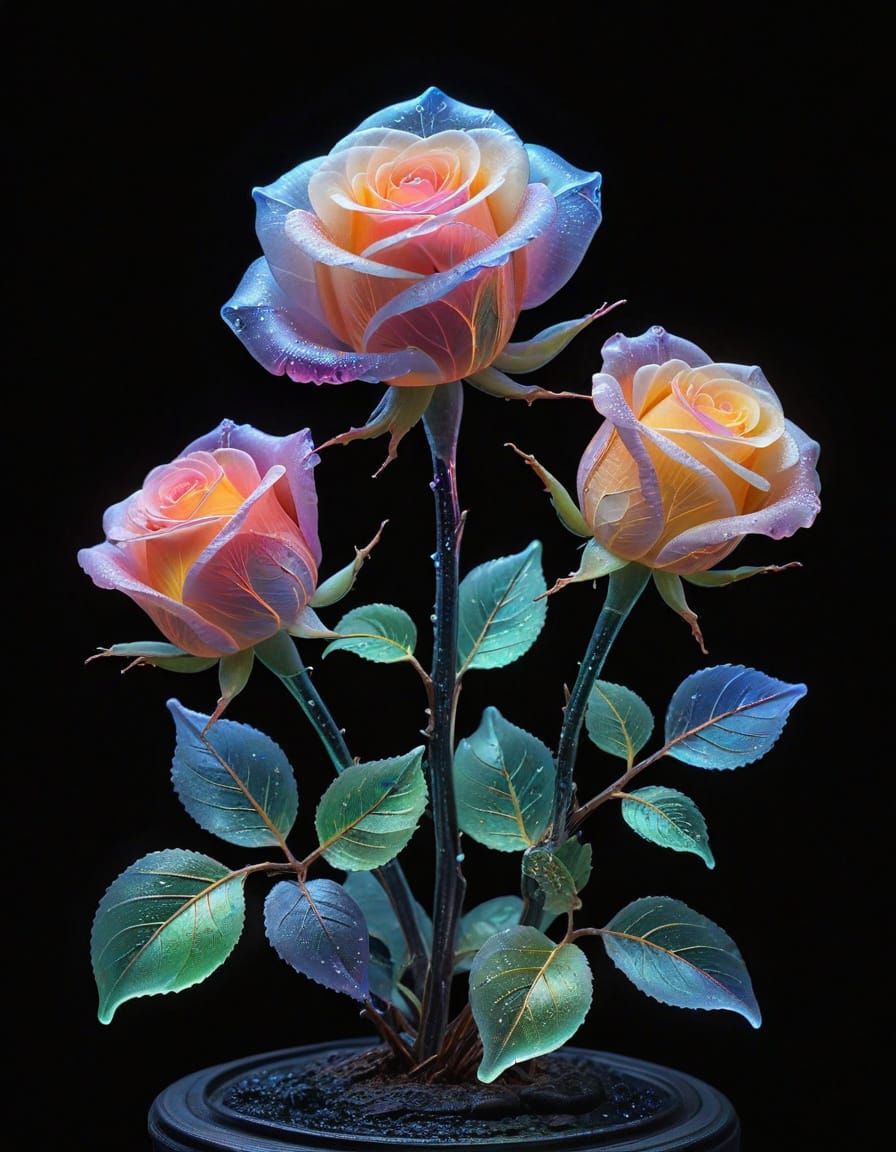 Ethereal Rainbow Sea Glass Rose Sculpture with Pastel Neon G...