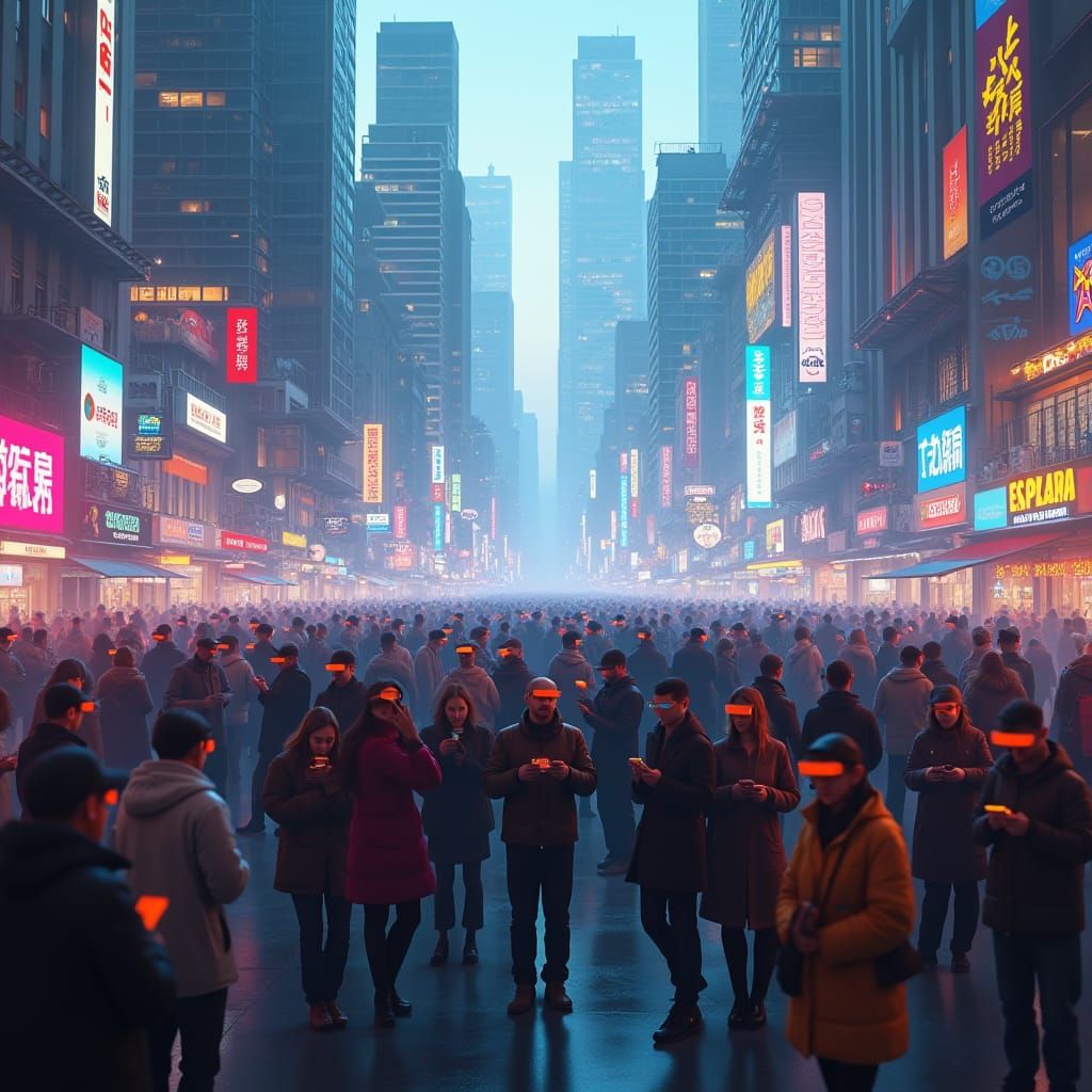 Futuristic Cityscape with Augmented Reality, in Cyberpunk St...