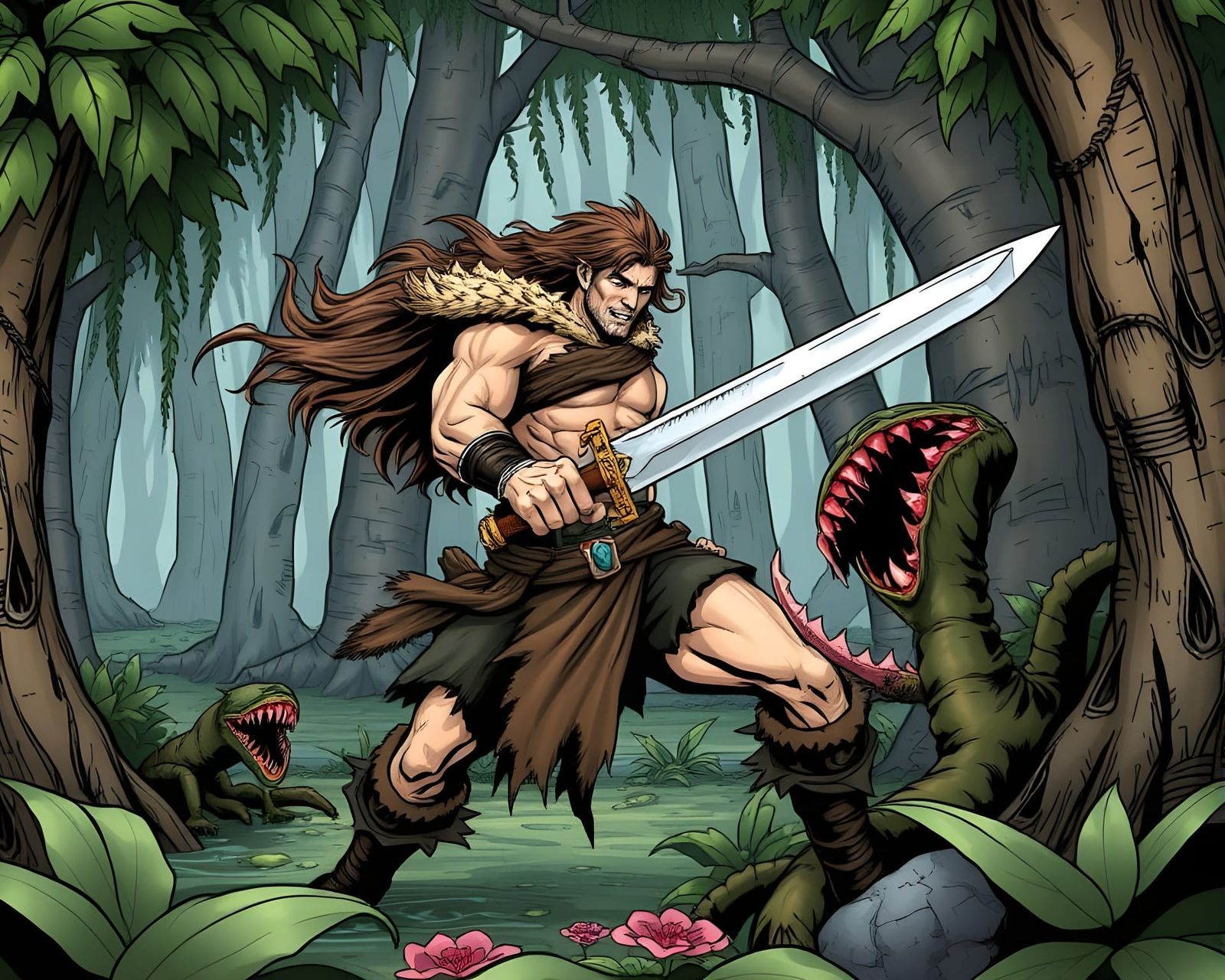 Barbarian vs Carnivorous Swamp Creatures in Comic Book Style