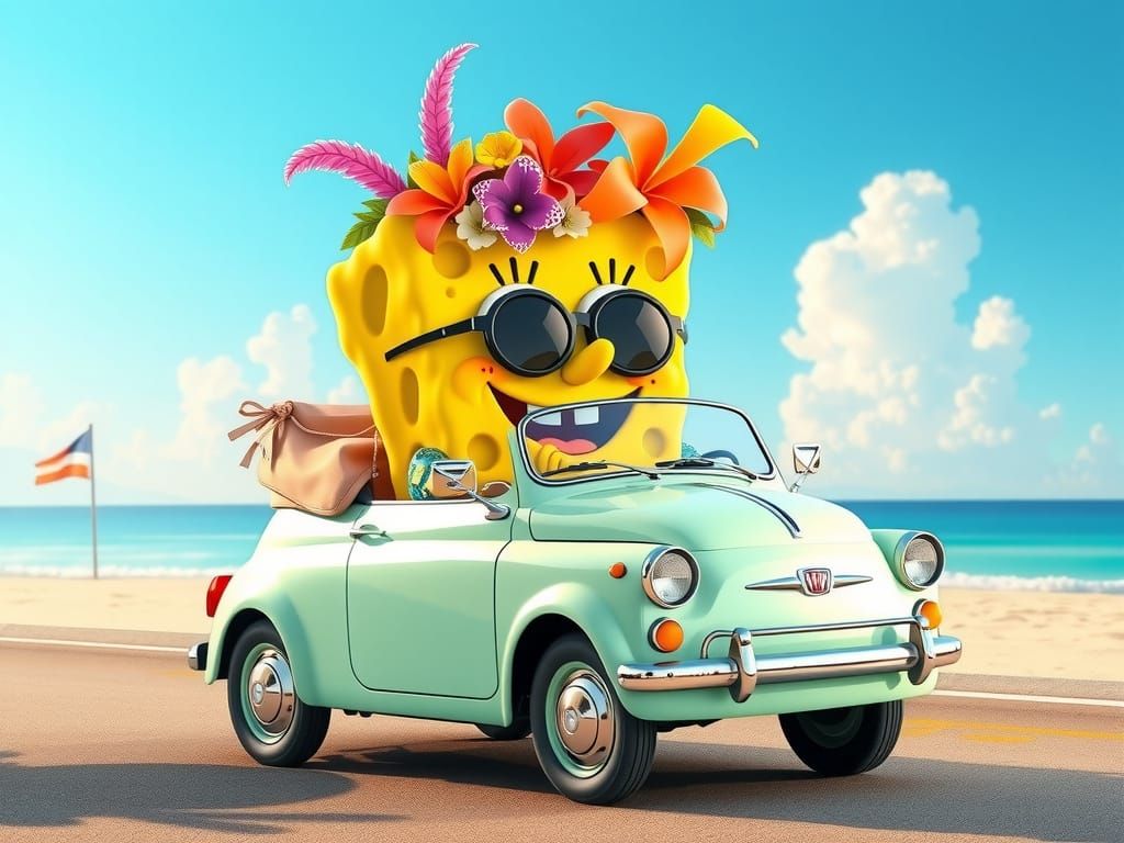 Spongebob on Vacation in Vintage Fiat