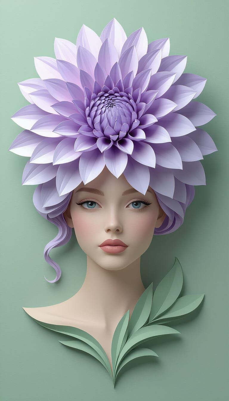 Woman with Paper Dahlia in Vibrant Digital Art Style