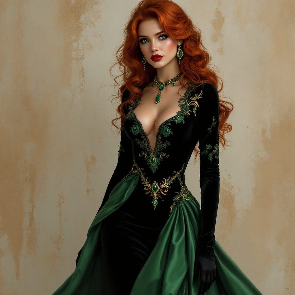 Elegant Fantasy Woman in Velvet Gown with Emerald Jewelry