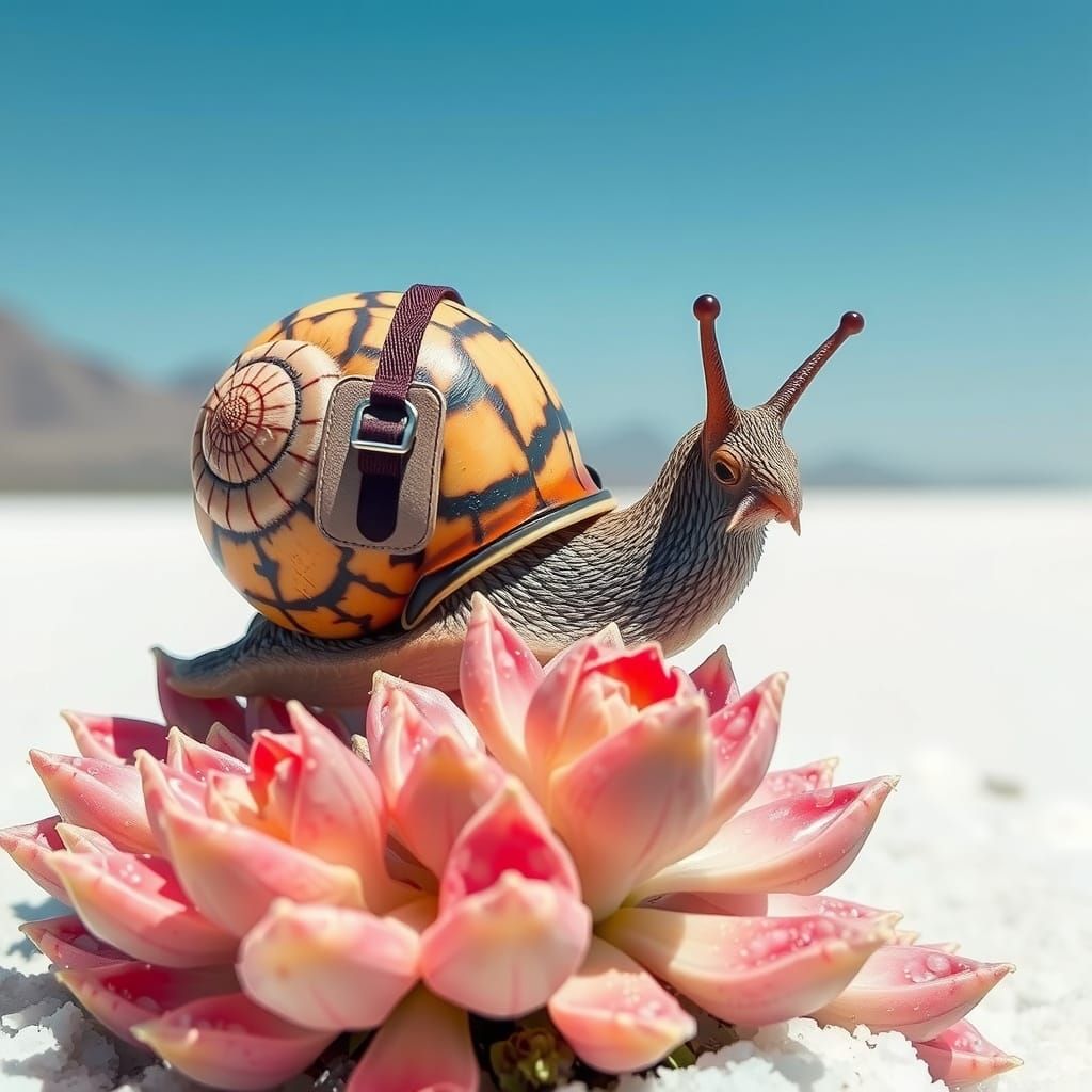 Dreamlike Snail on Salt Flats, Stylized Illustration