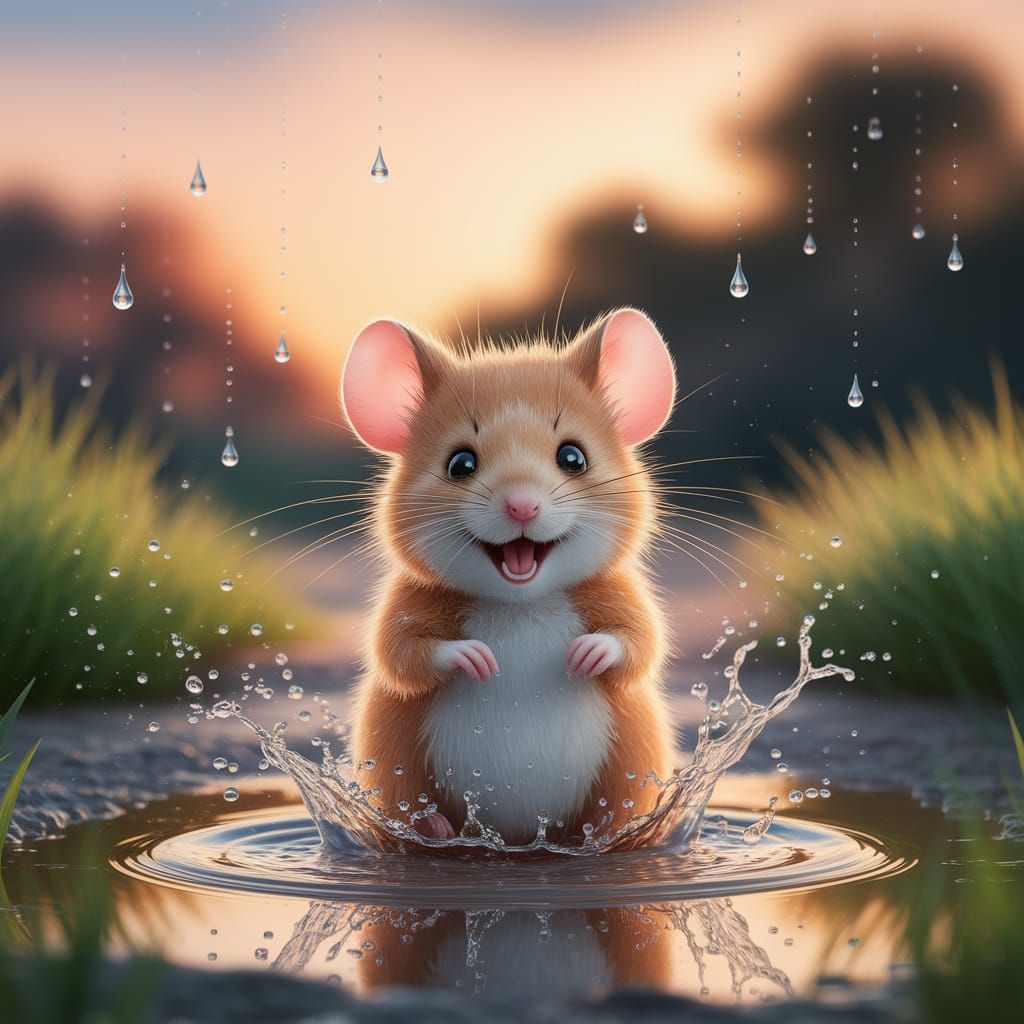 Joyful Mouse Splashing in Golden Rain