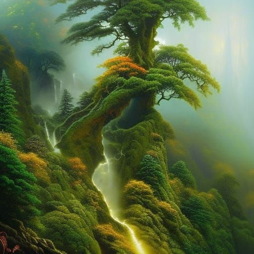 Dragon-Shaped Tree in Ethereal Fantasy Forest