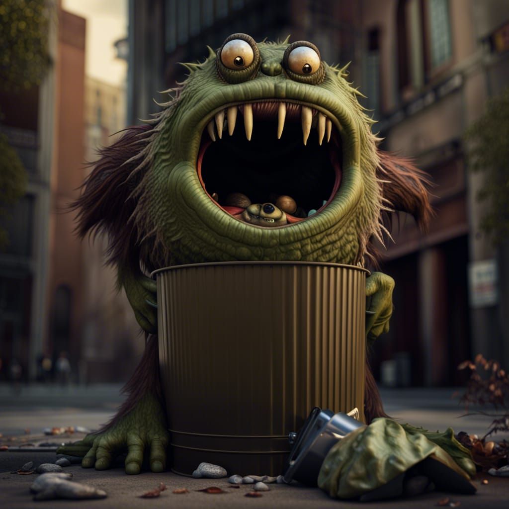 Hyperrealistic Monster Emerges From Garbage Can in 8k
