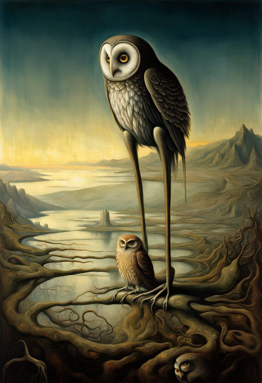 Surreal Encounter in the Mud: A Dreamlike Scene of an Owl an...