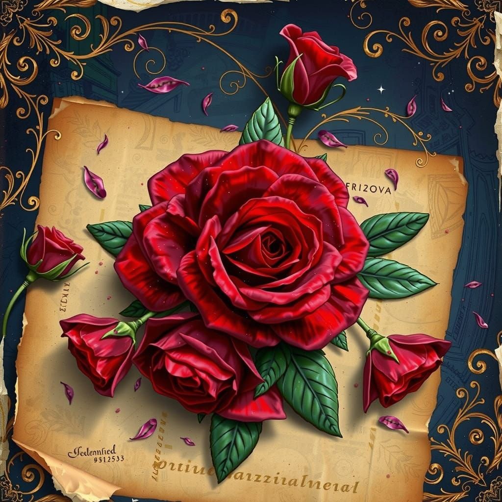 Whimsical Vintage Roses in Dreamlike, Matte Painting Style