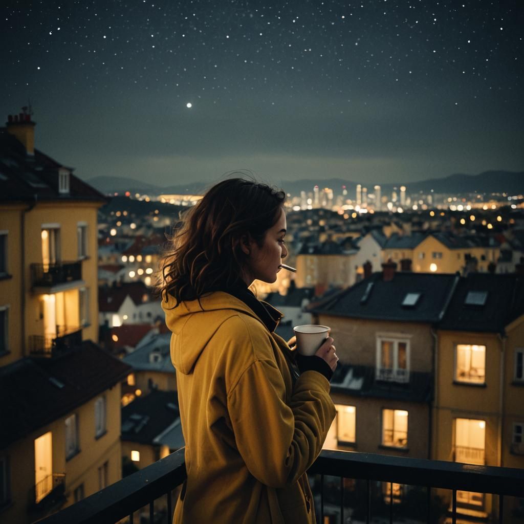Noir Balcony View: City Lights and Moody Night