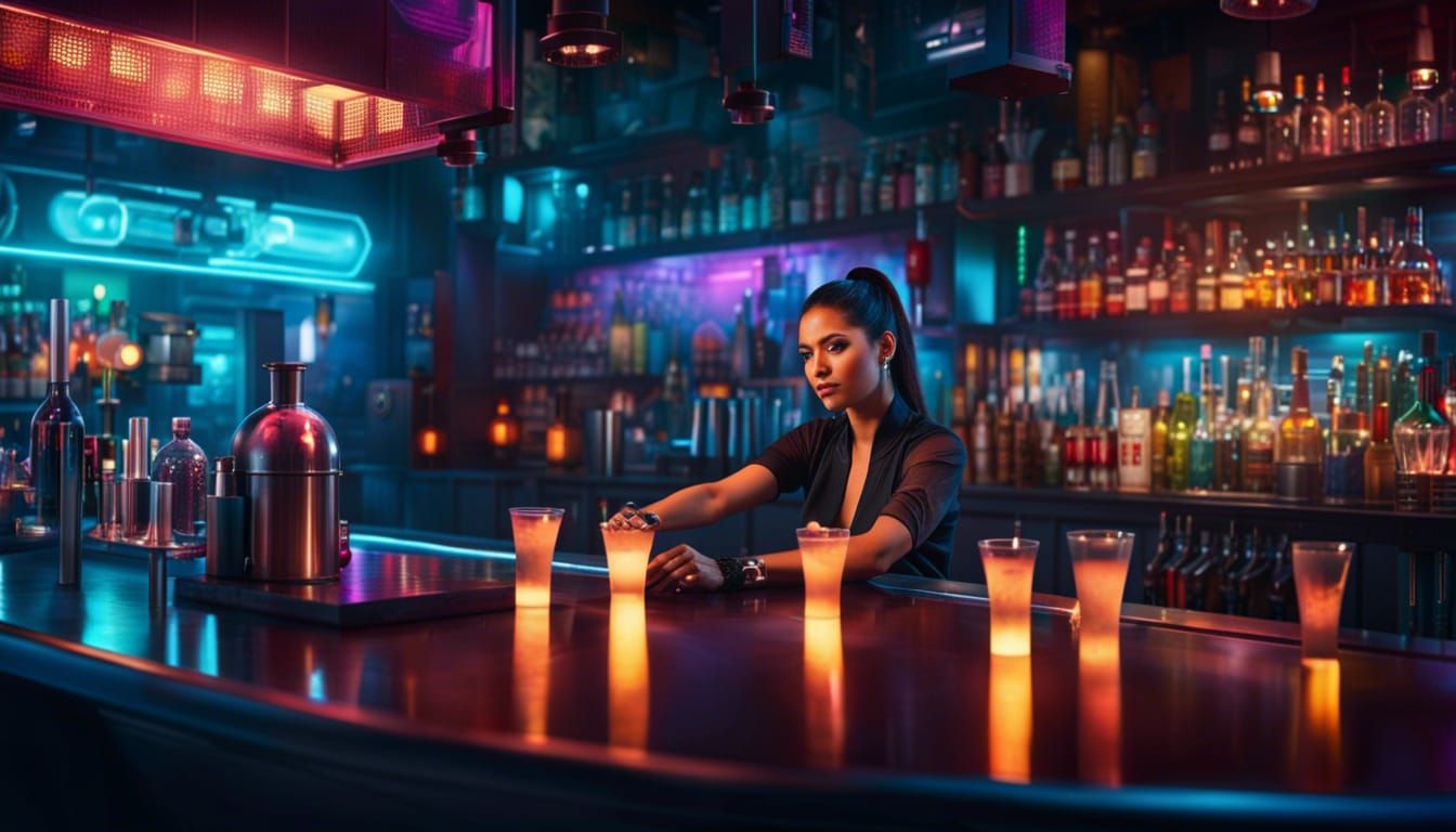 Cyberpunk Bartender in Sci-Fi Bar, Cel-Shaded Style