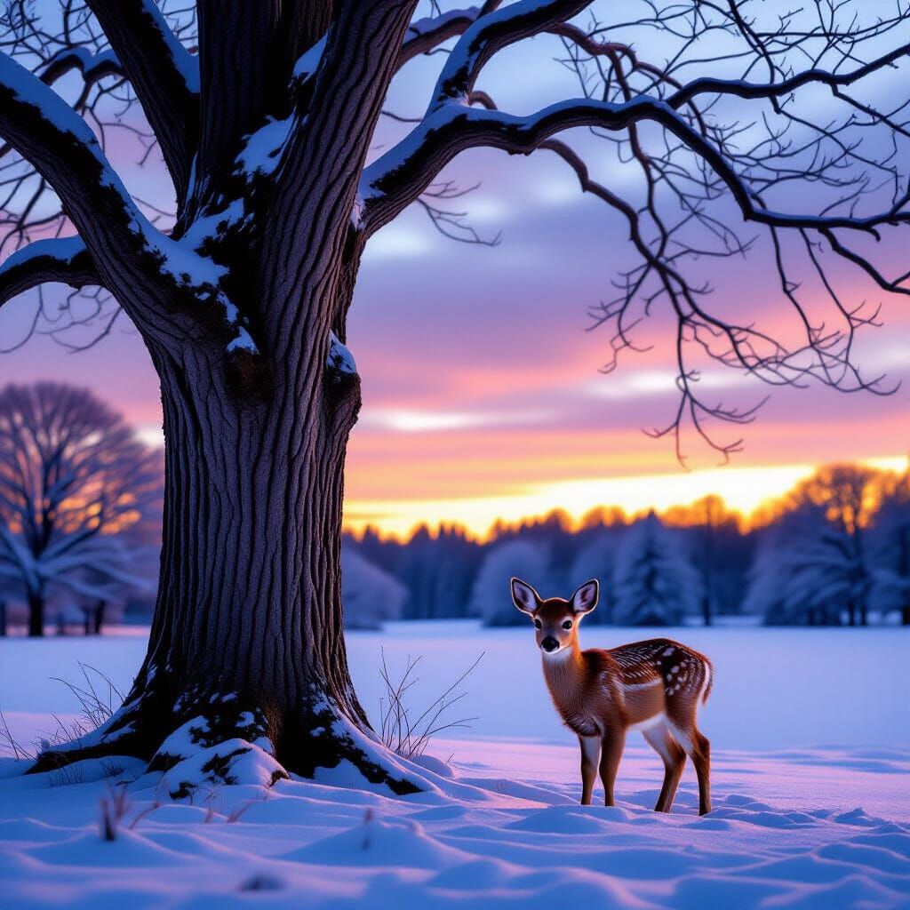 Majestic Ancient Oak Tree and Fawn at Twilight