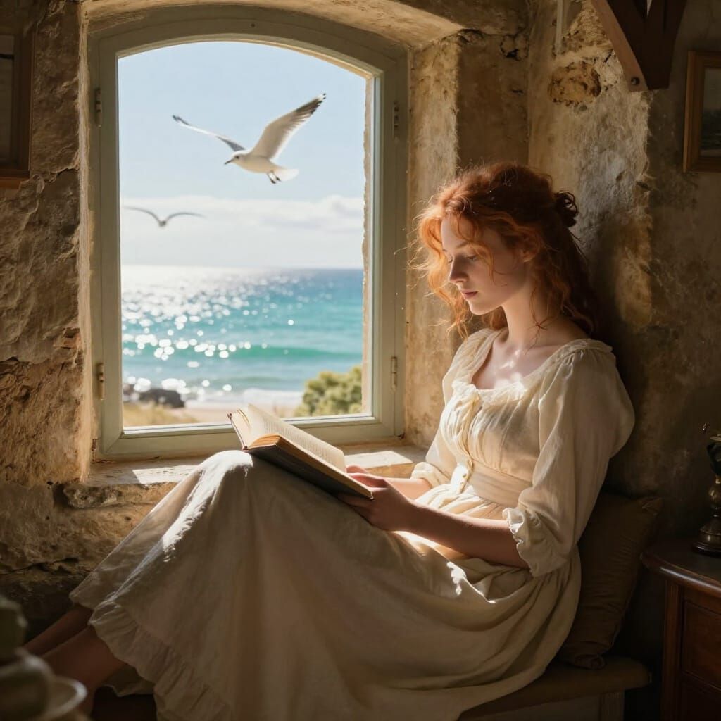 Regency Woman Reading by Sunlit Sea Window