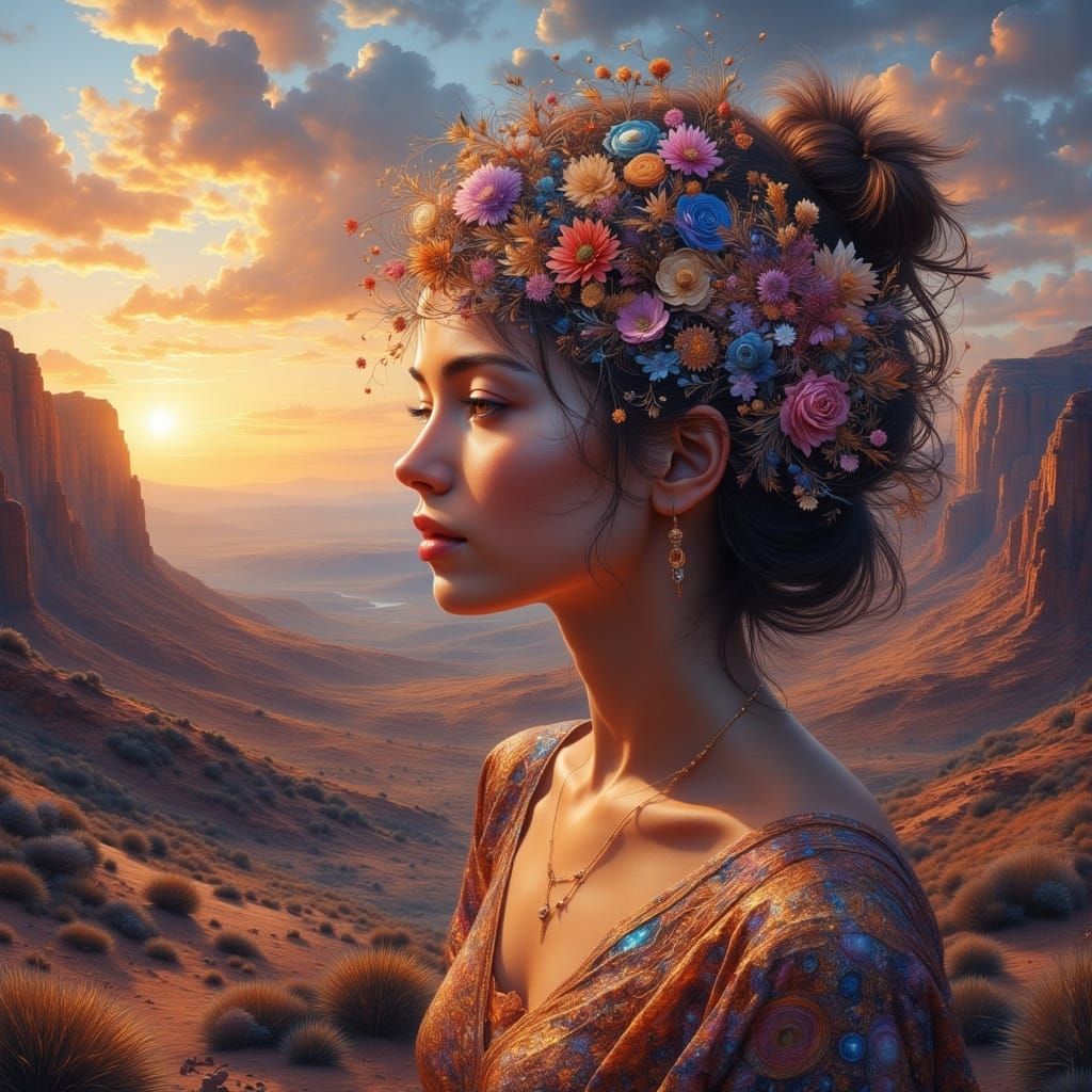 Woman with amazing floral head piece with a vista view of th...