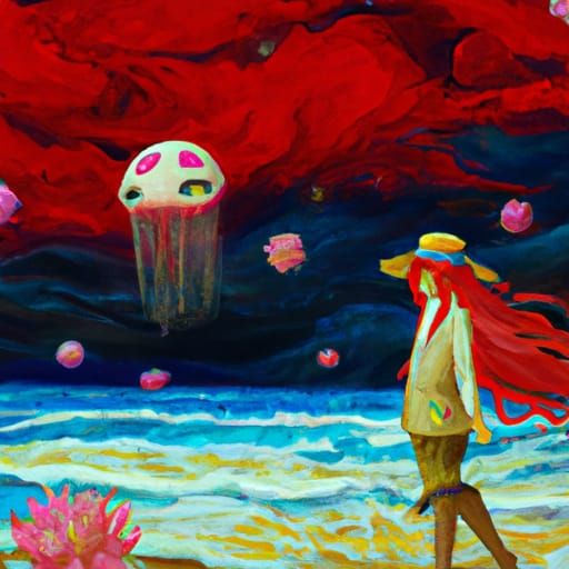 Anime Girl and Jellyfish in Red Desert, Ukiyo-e Style