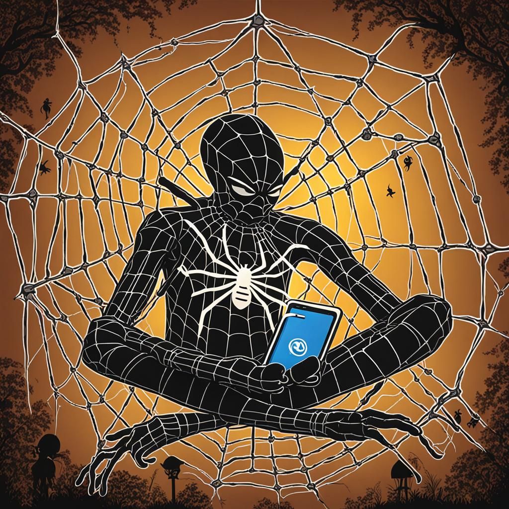 Anansi the spider god in Africa weaving a web made of social media and the Internet and cell phones.
