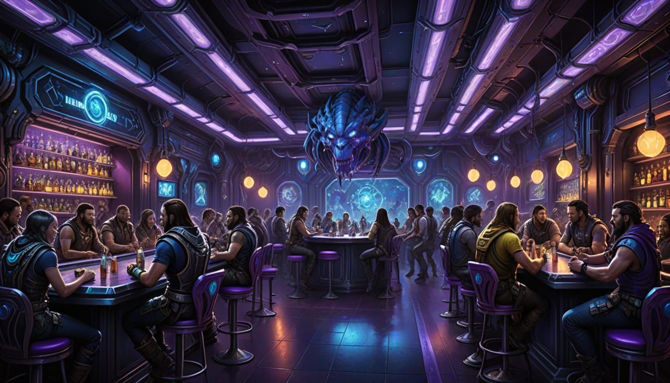 Cosmic Bar Scene with Warcraft, StarCraft, and Na'vi Patrons