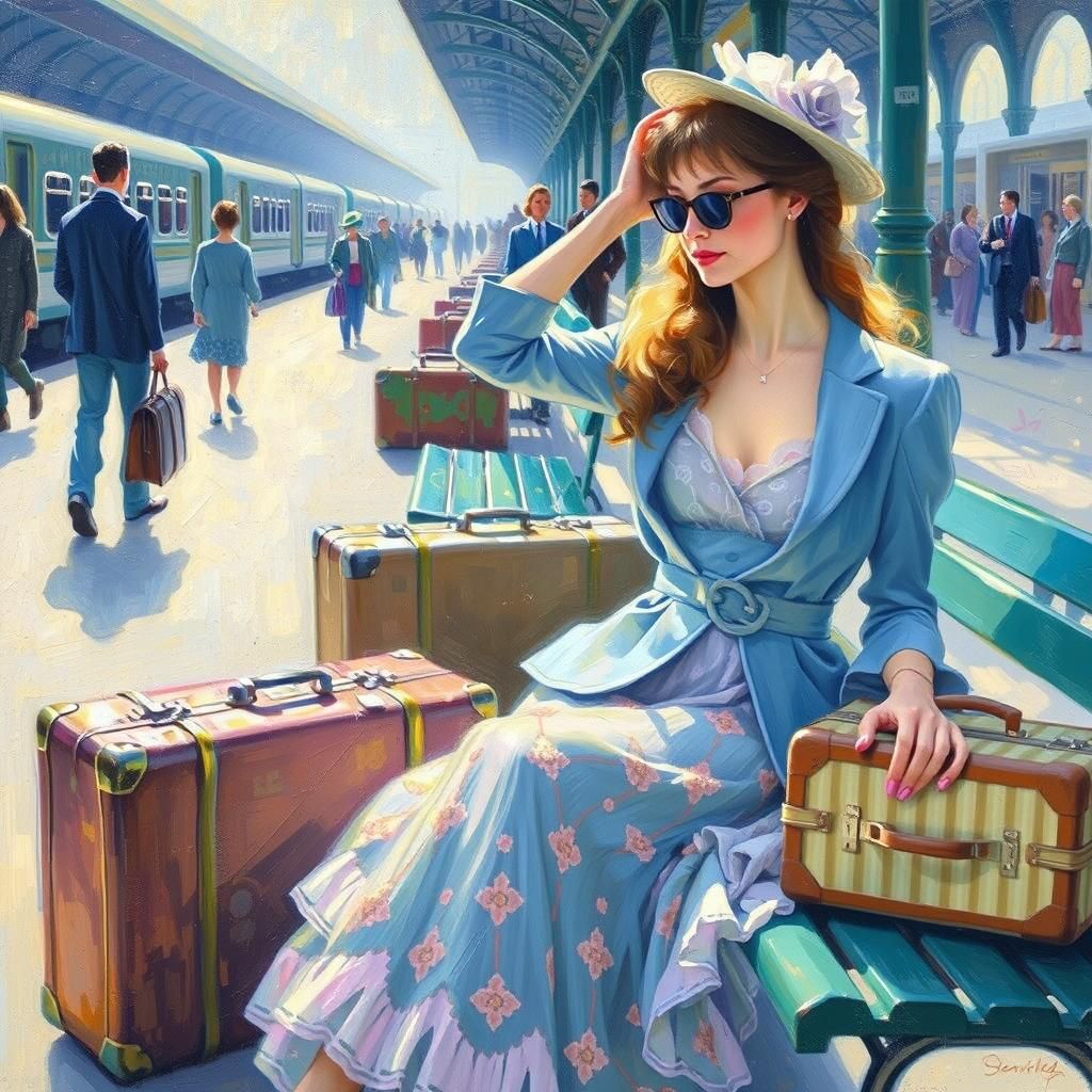 Impressionist painting, stunning woman, pastel blue outfit, ...