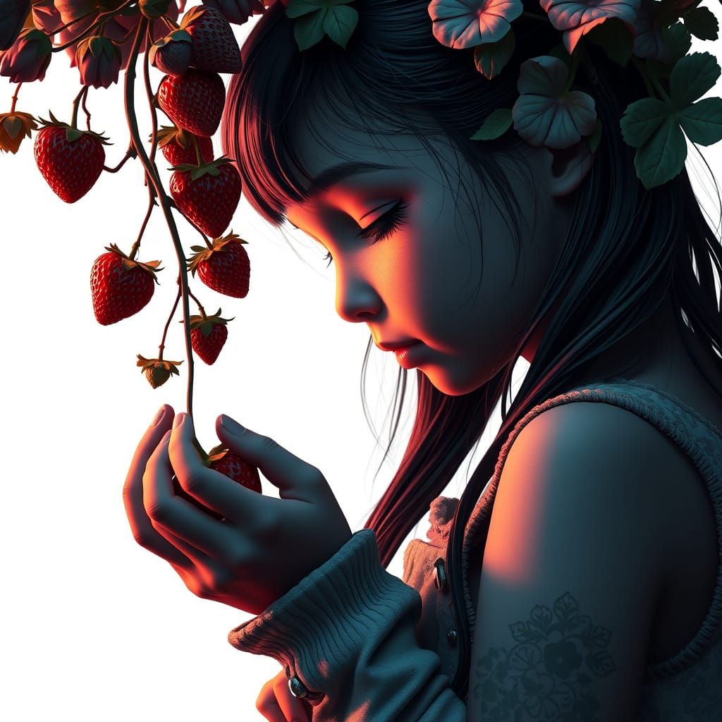 Minimalist Girl Picking Strawberries in Black and White