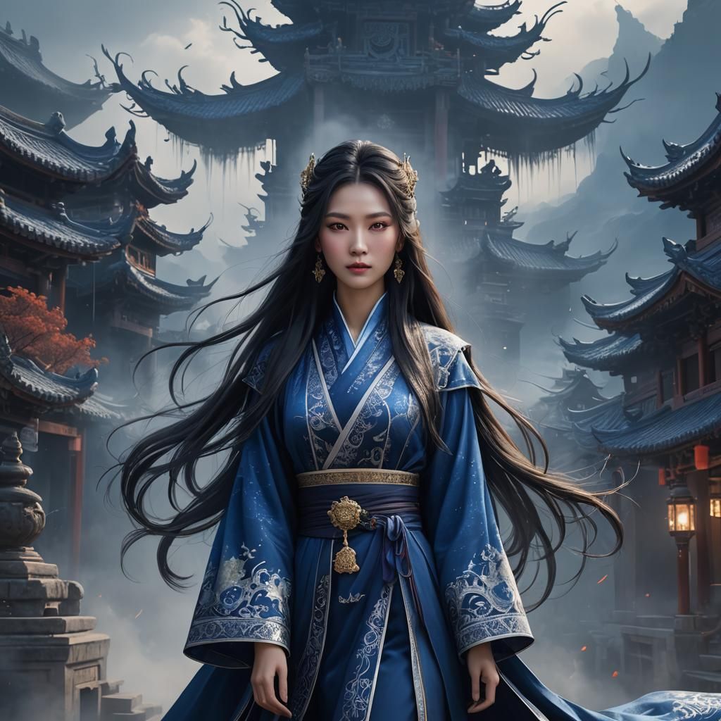 Royals Xianxia in indigo. fog covering the earth. illusionist.