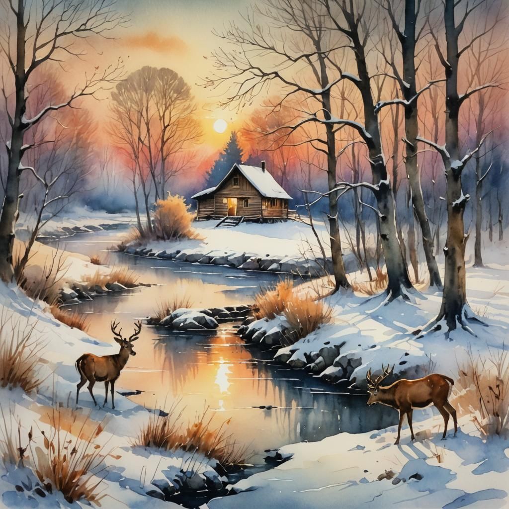 Winter River Landscape in Faded Watercolor
