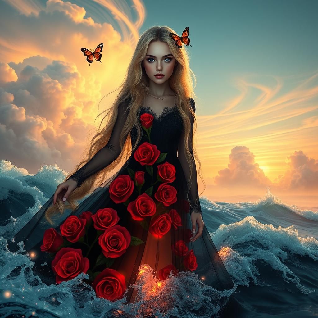 Neon Woman Rising from the Sea, in Hyperrealistic Art Nouvea...