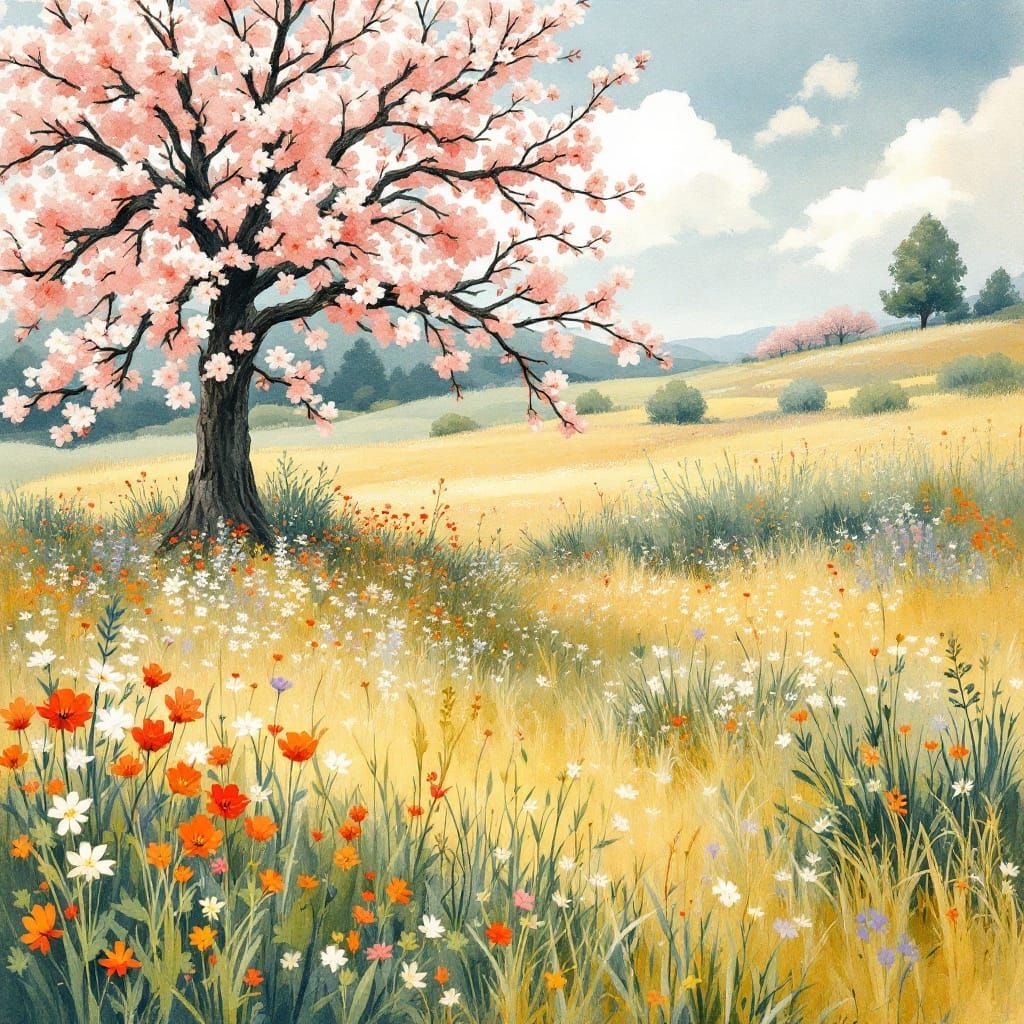 Spring Paddock in Watercolour and Ink Style