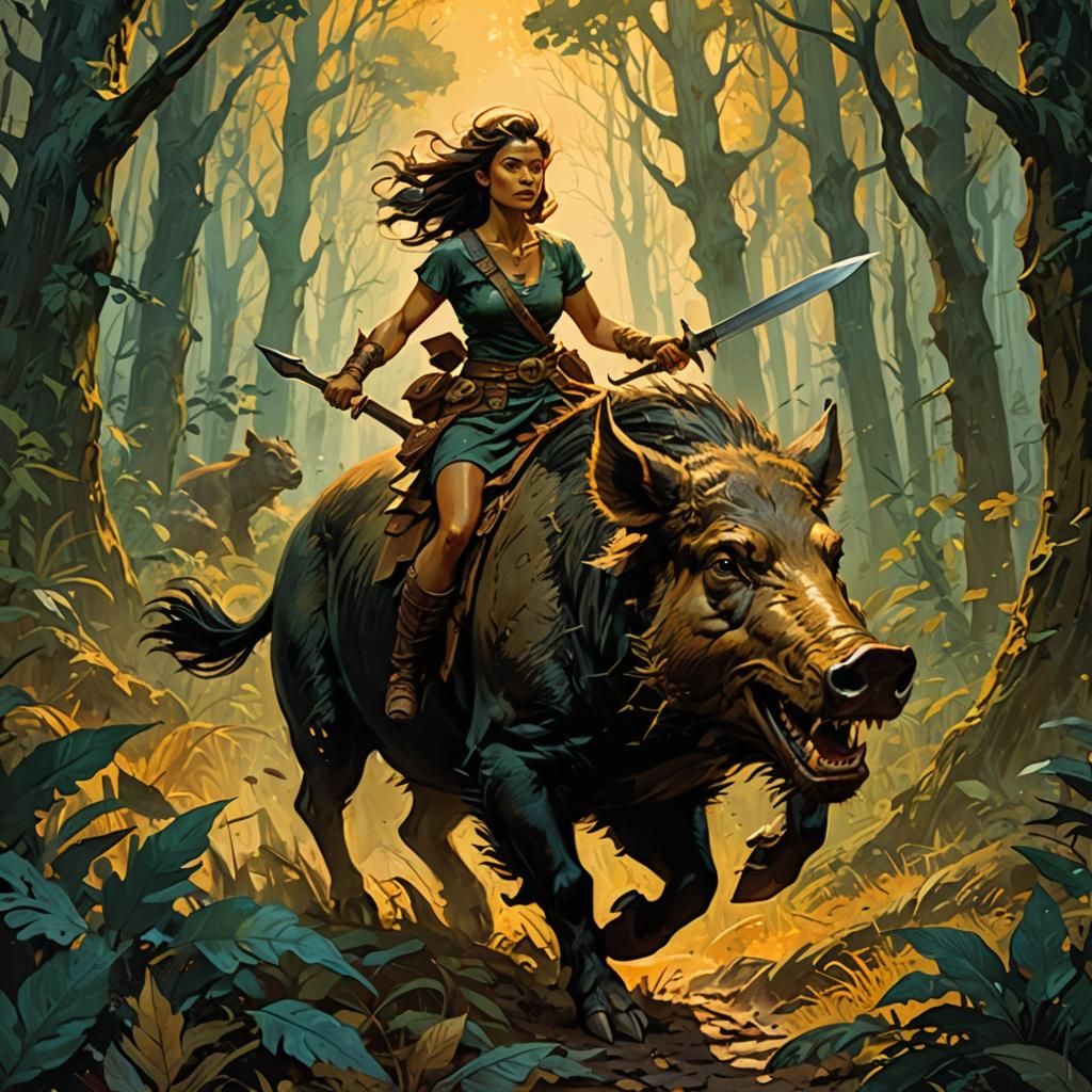 Amazon Warrior Rides Wild Boar in Forest