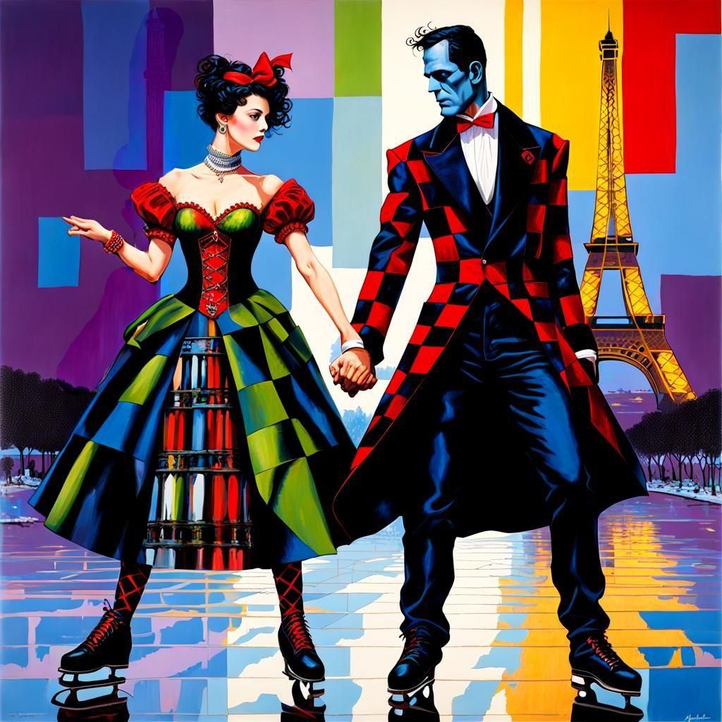 Harlequin and Frankenstein Skating at the Eiffel Tower