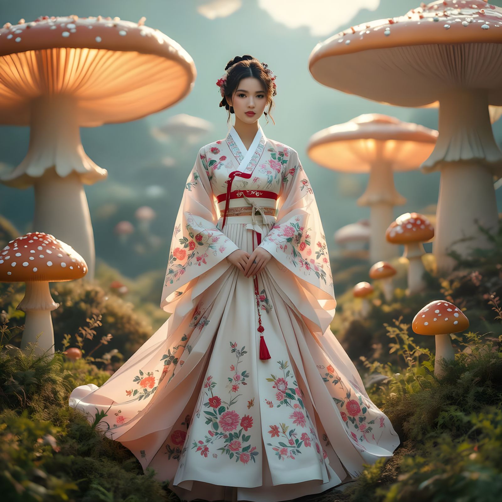 Woman in Floral Hanbok in Luminous Mushroom Forest