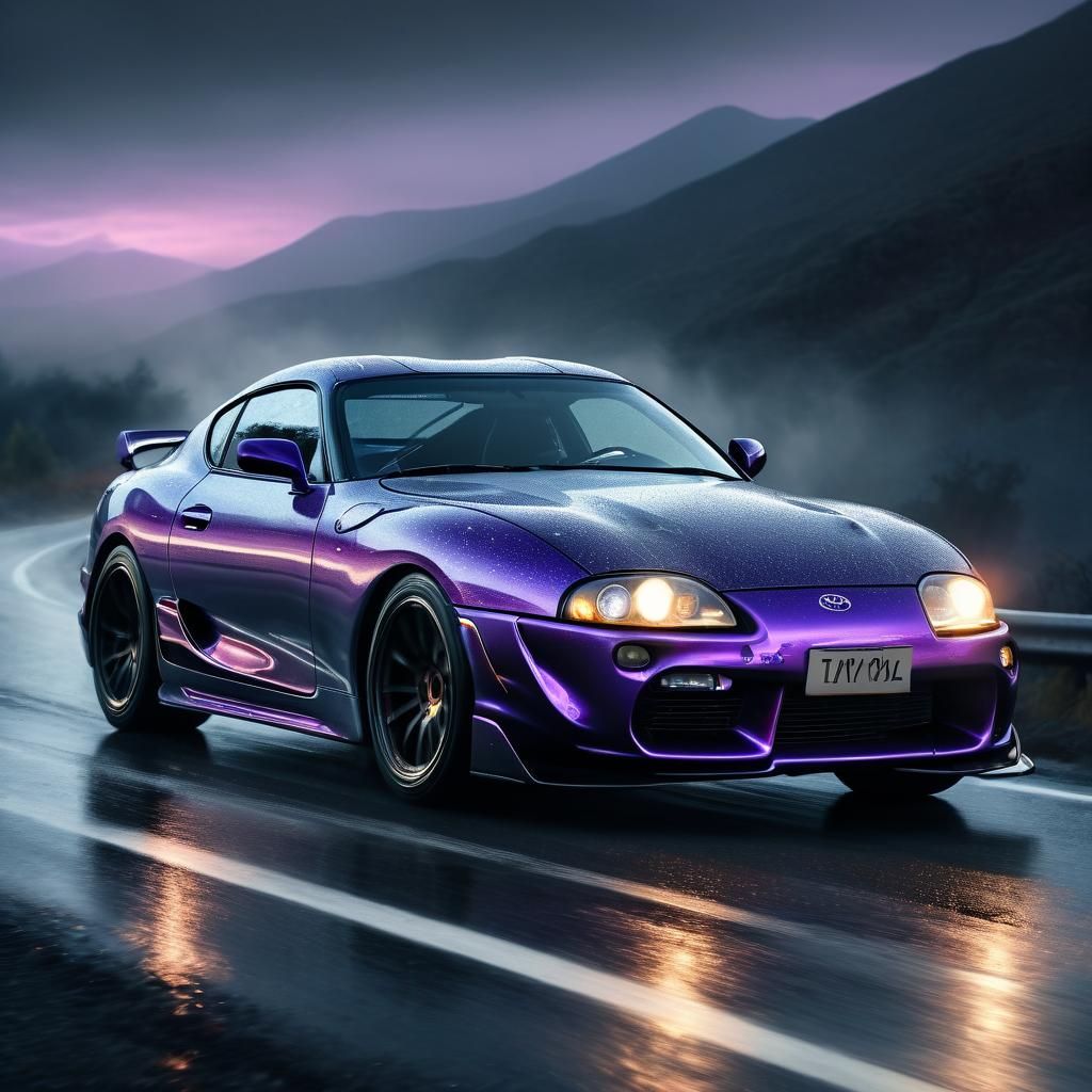 Toyota Supra on Misty Mountain Road at Night