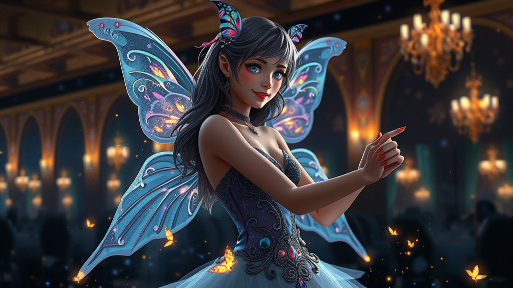 Anime Nymph Dancing in Ballroom with Fireflies
