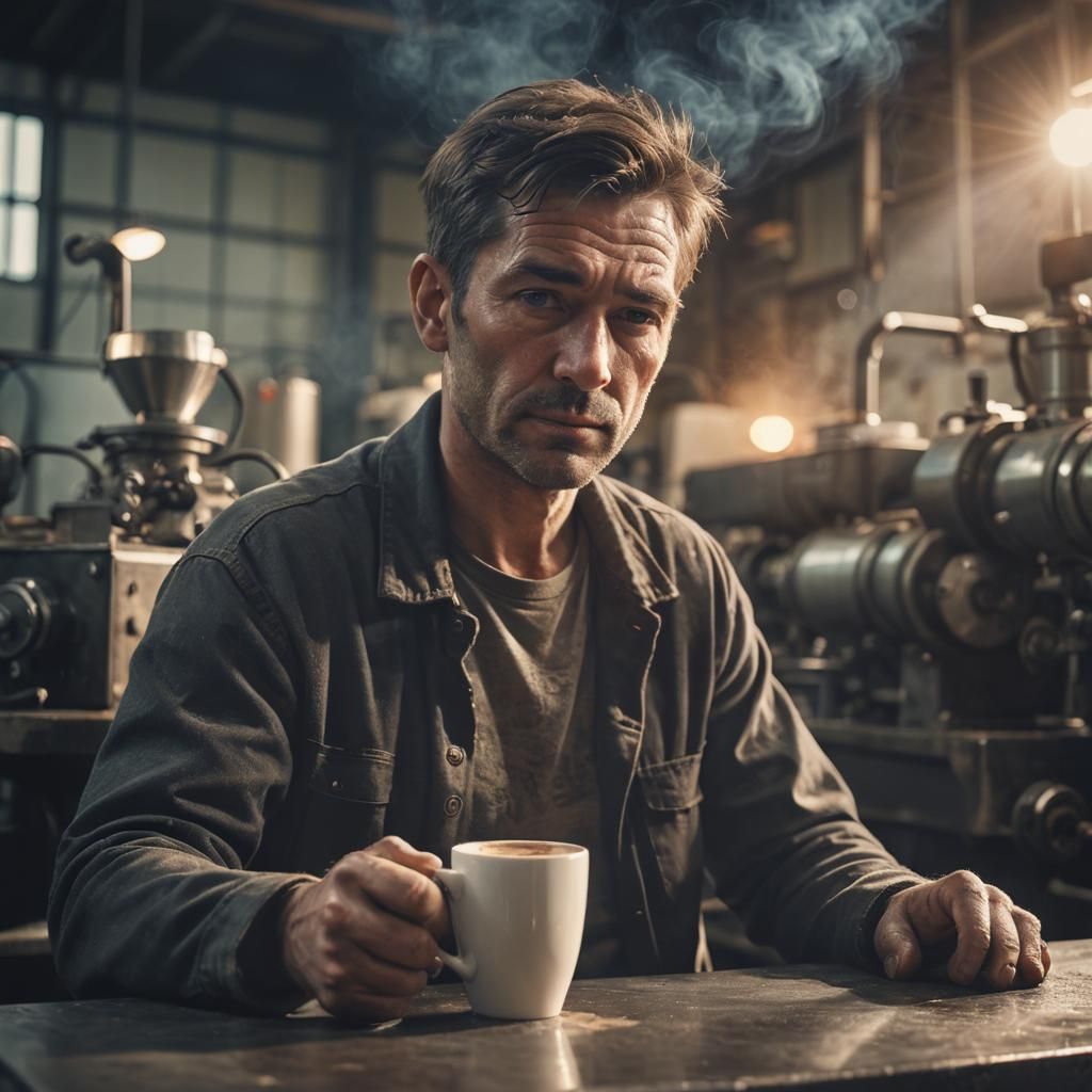 A factory worker sits on a break, his face streaked with gri...