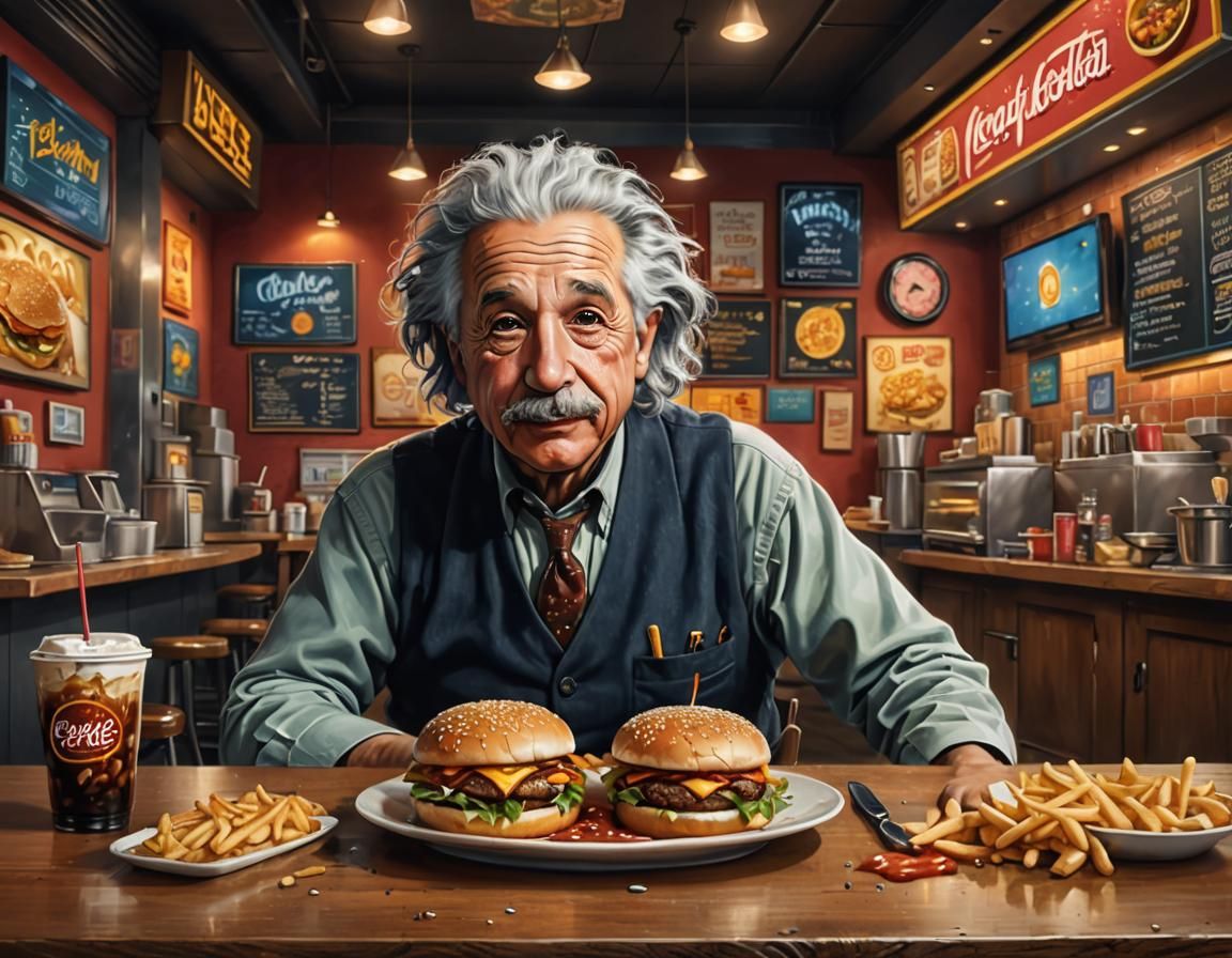 Einstein's Physics Fast Food: Hyperrealistic Splash Art