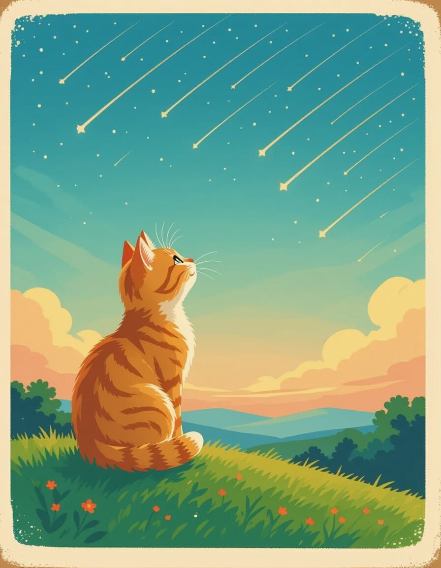 Vintage Postcard Ginger Cat Under Twinkling Twilight Sky