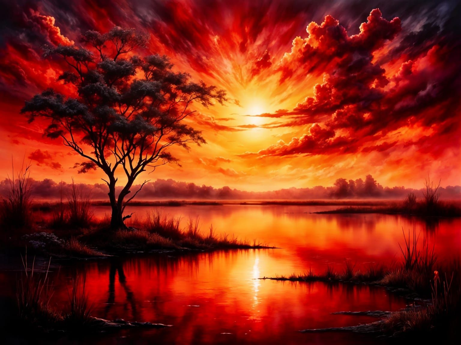 Blood Red Sunset Over Marsh in Oil Painting Style