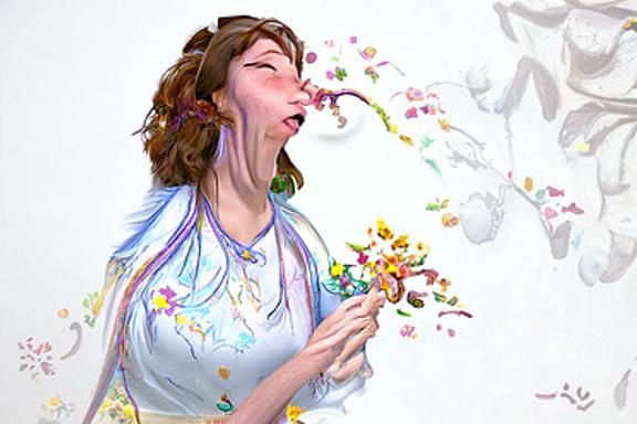 Woman Sneezing Flowers in Art Nouveau Style