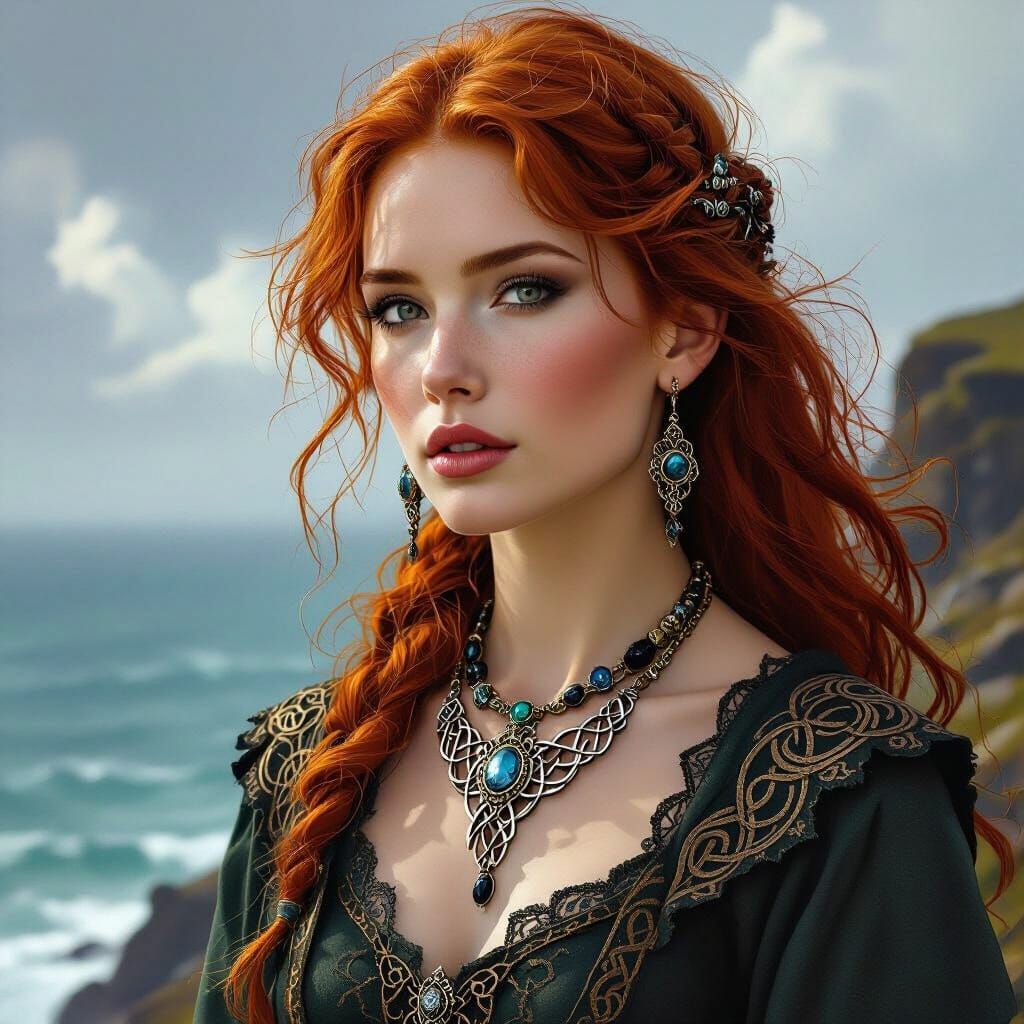Fiery Haired Woman in Celtic Jewelry on Highland Cliff