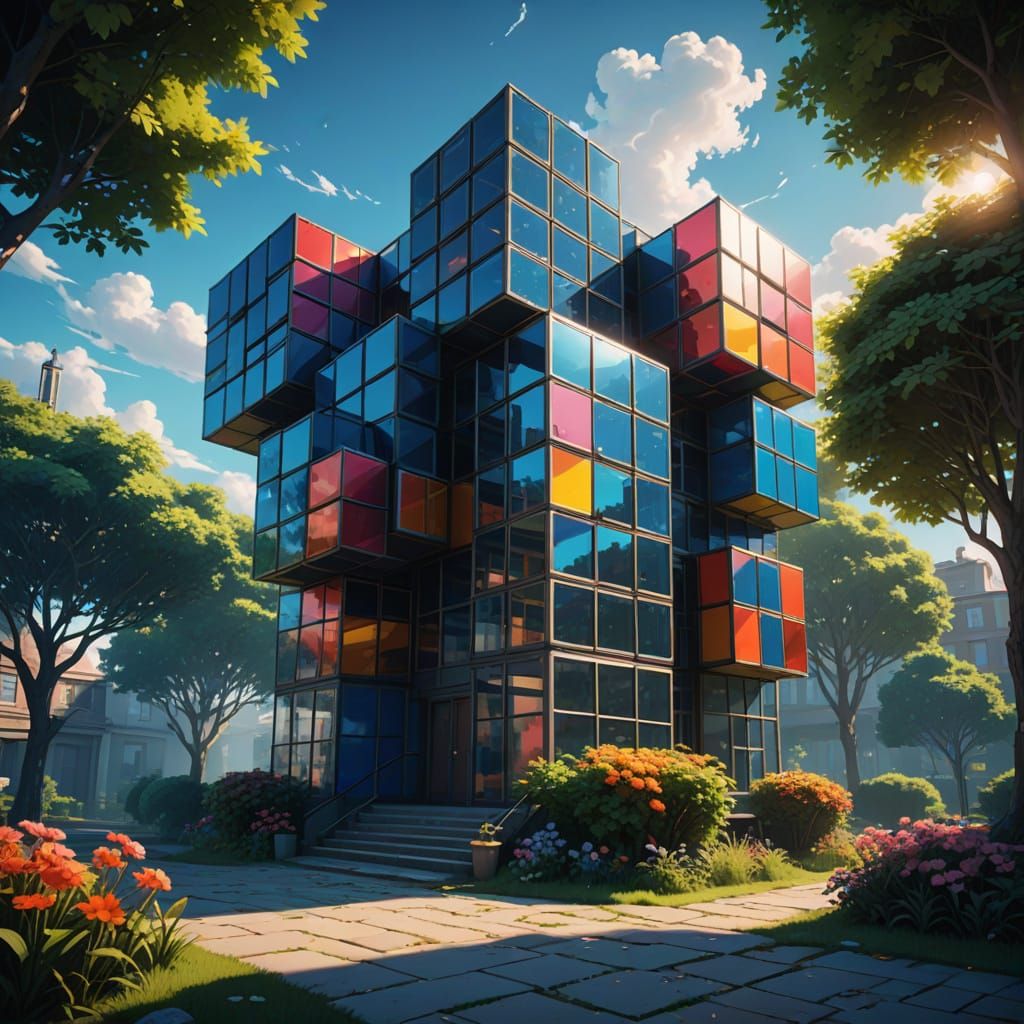 Surreal Anime Cityscape in Vibrant Mosaic Colors