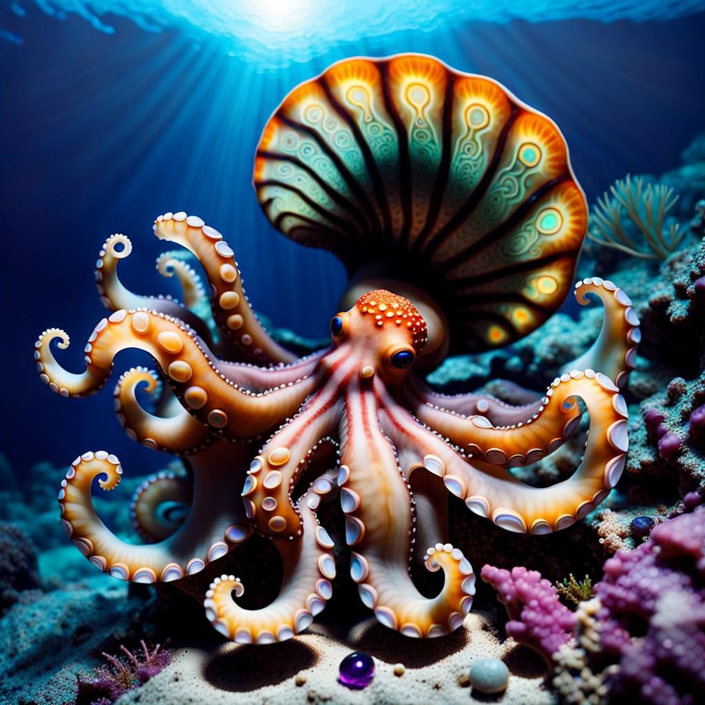 Luminescent Underwater Octopus with Gemstones