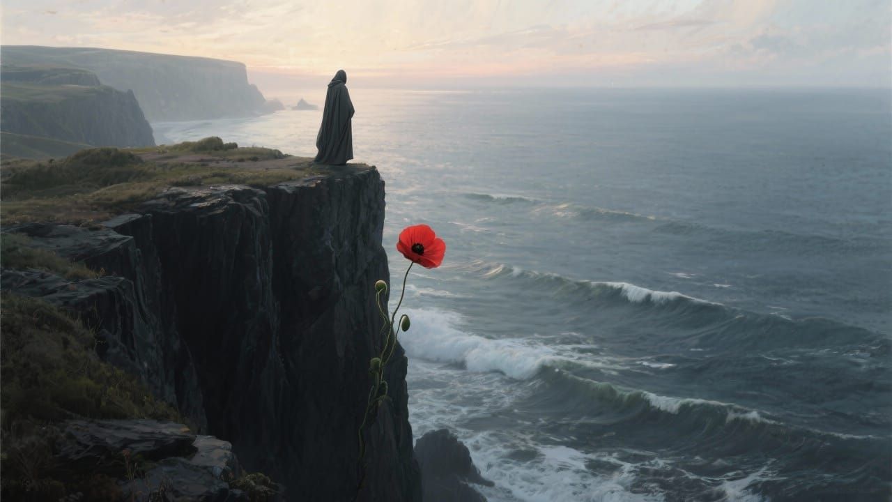 Figure on Cliff Overlooking Serene Ocean at Dawn